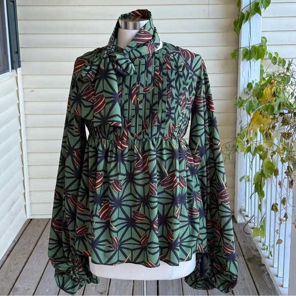 Stella Jean Ascot Tie Blouse US 2 XS (IT 38) Green Pussybow Top Bishop Sleeve - Picture 1 of 9